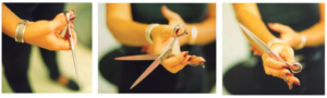 three images showing correct way to hold scissors when grooming dogs from online professional grooming school program