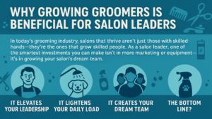 Infographic with icons demonstrating why growing groomers is beneficial for salon leaders from paragon's online dog grooming school