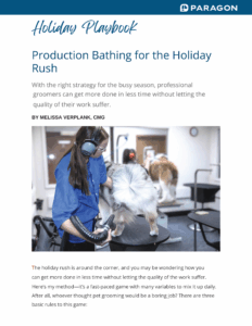 grooming using production bathing and drying techniques with a force dryer depicting paragon pet school teachings for professional groomers