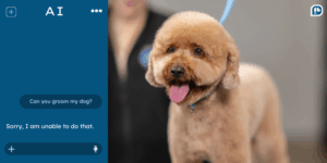 A fluffy tan dog with a round teddy-bear style haircut stands on a grooming table with a blue grooming loop attached. On the left side of the image, a chat-style screen shows a message asking, “Can you groom my dog?” and an AI response saying, “Sorry, I am unable to do that.”